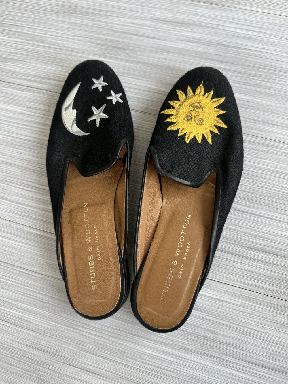 Stubbs & Wootton Black Velvet Artisan Crafted Sun & Moon Star Slippers Sz 8